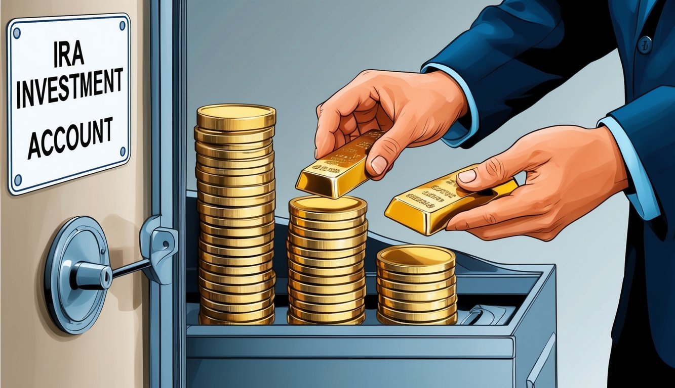 A person carefully placing gold bars and coins into a secure, labeled IRA investment account