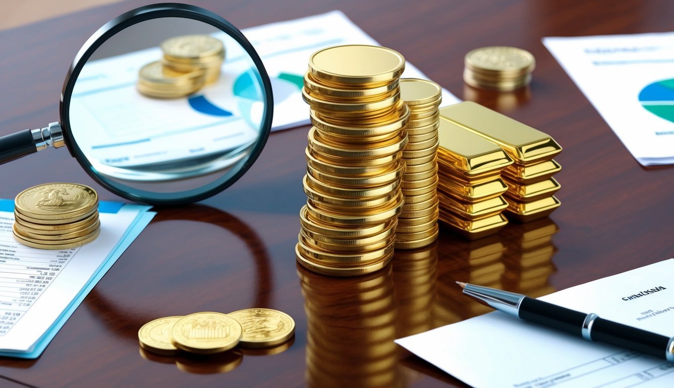 A stack of gold bars and coins arranged on a polished wooden table, with a magnifying glass and financial documents nearby