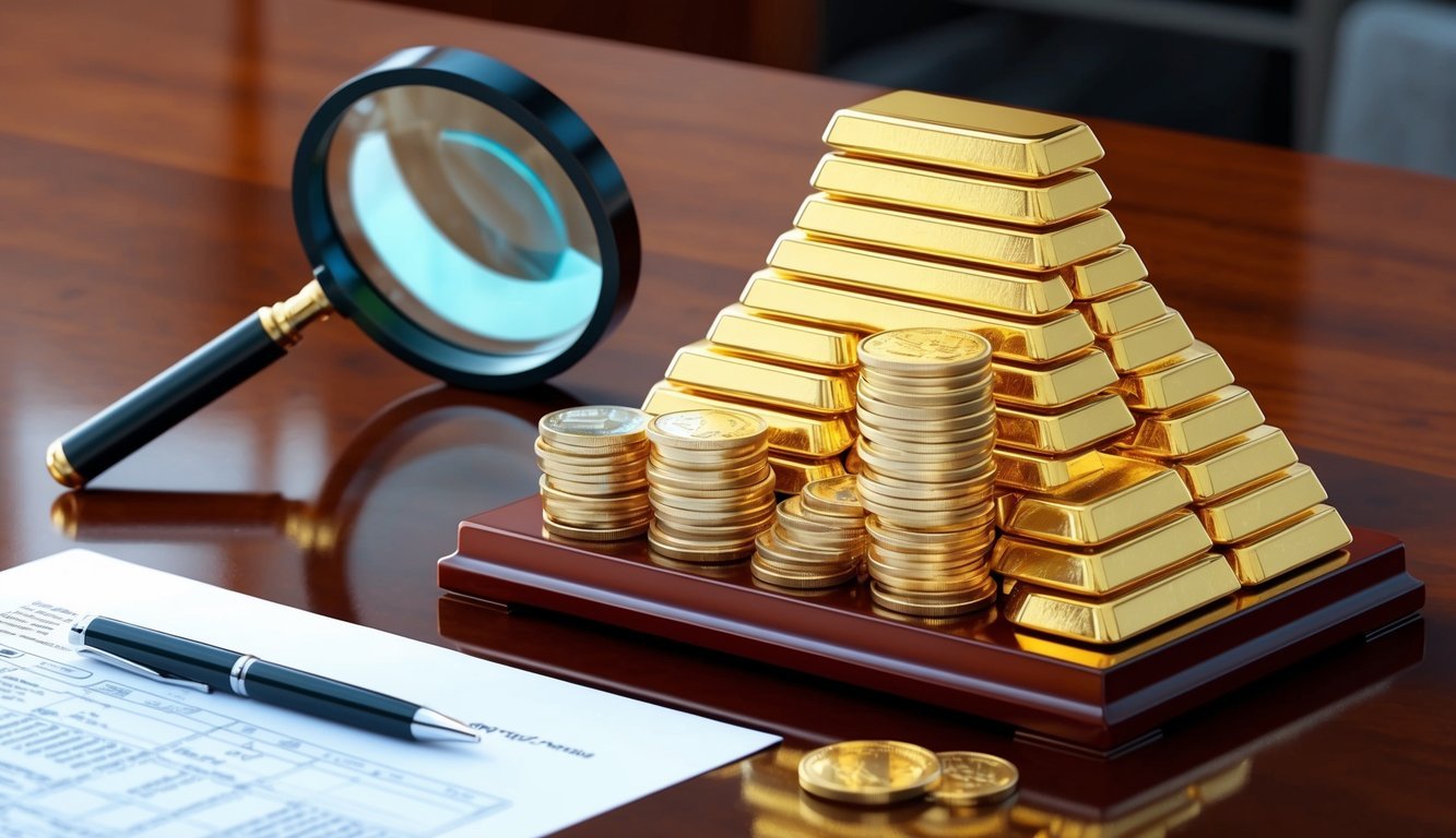 A stack of gold bars and coins displayed on a polished wooden desk, with a magnifying glass and financial documents nearby