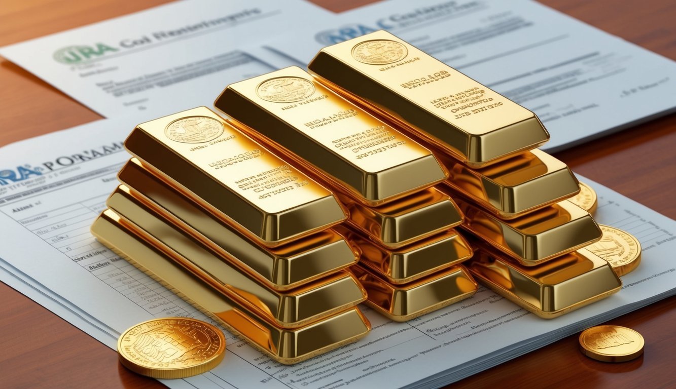 A stack of gold coins and bars displayed with IRA documents