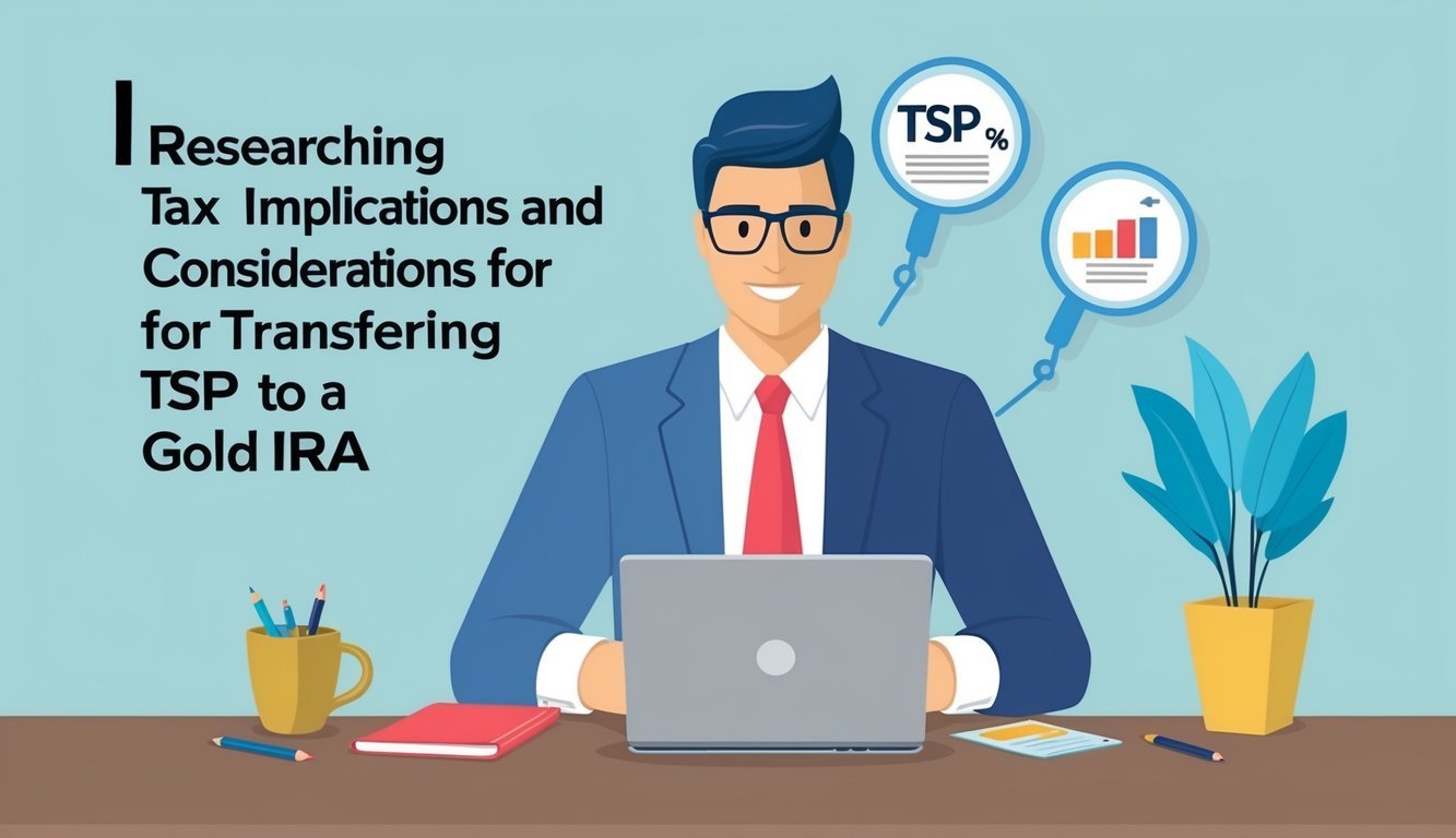 A person researching tax implications and considerations for transferring TSP to a gold IRA
