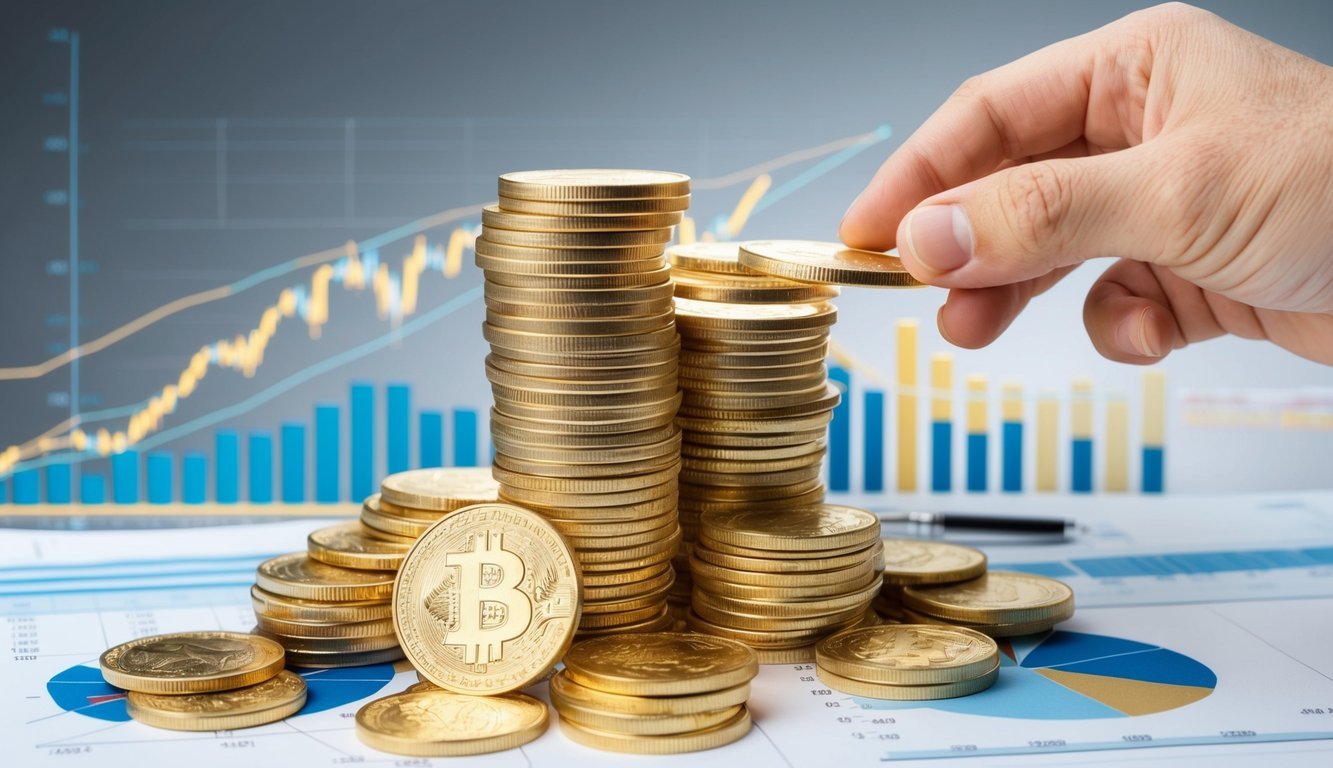 A stack of gold coins surrounded by financial charts and graphs. A hand reaching for the coins, symbolizing the risks and rewards of gold IRA investments