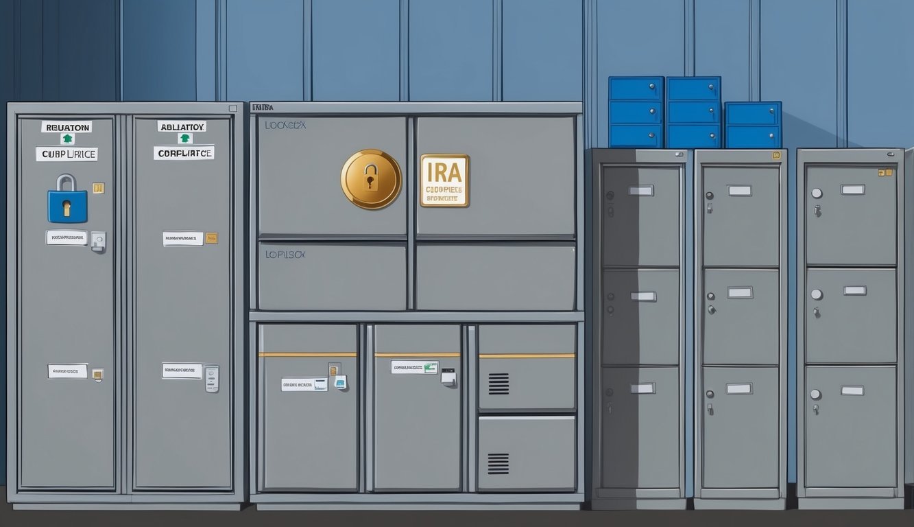 A secure storage facility with various lockboxes and filing cabinets, labeled with regulatory compliance and gold IRA symbols