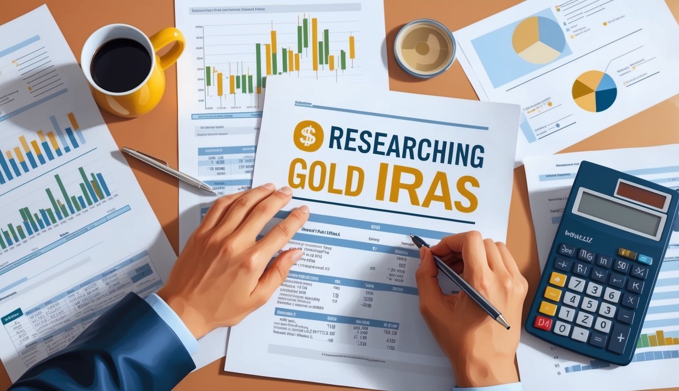 A person researching gold IRAs, surrounded by financial documents and charts, with a calculator and pen on a desk