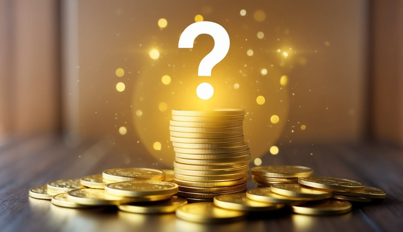 A stack of gold coins with a question mark hovering above, surrounded by a golden glow