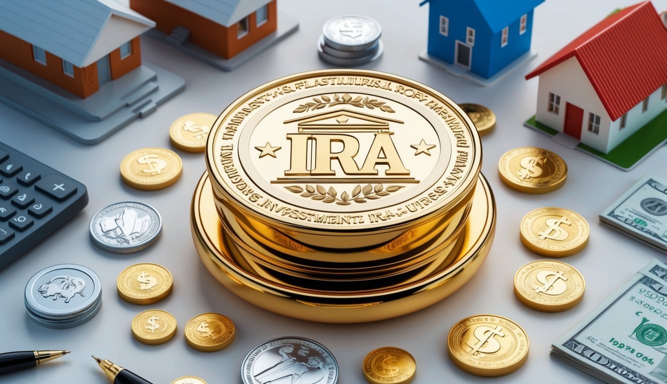A luxurious gold IRA surrounded by various investment options and assets, such as stocks, bonds, and real estate properties