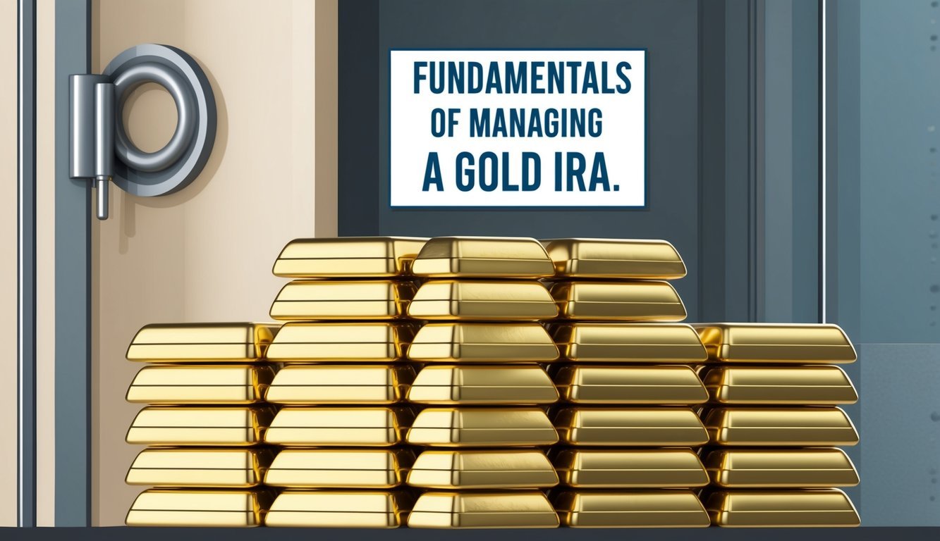 A stack of gold bars arranged neatly in a secure vault, with a sign reading "Fundamentals of Managing a Gold IRA."