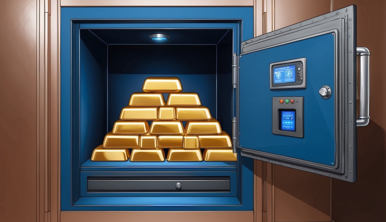 A secure vault with gold bars and high-tech security systems