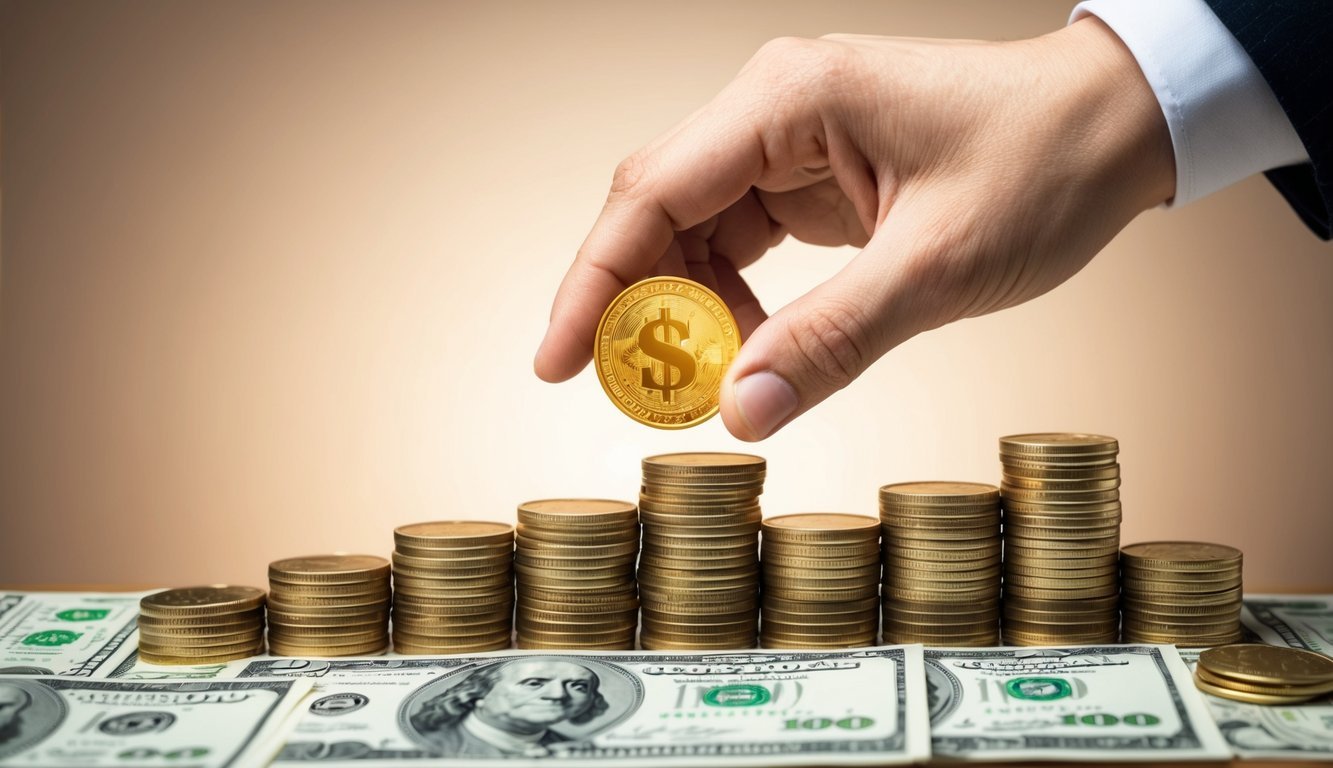 A hand holding a golden coin, transferring it into a rolling motion over a stack of coins and dollar bills