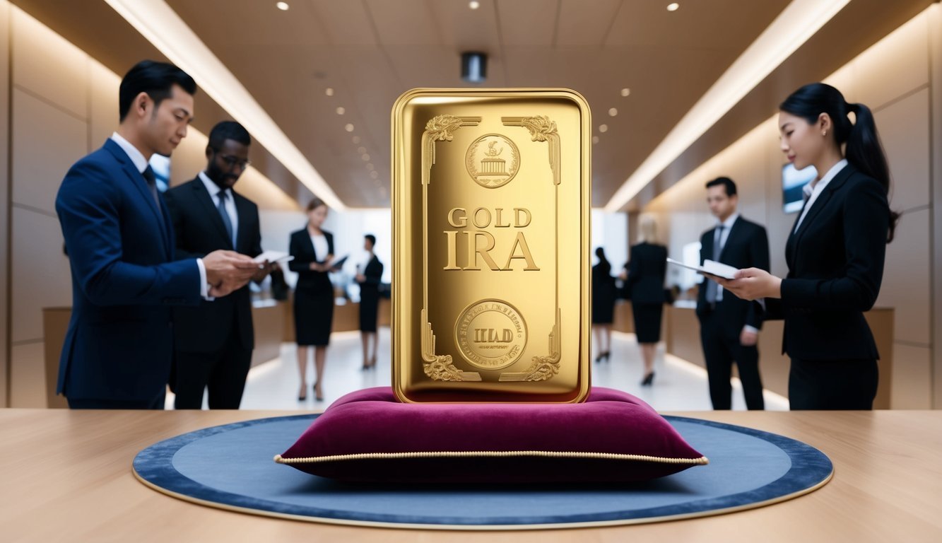 A luxurious gold IRA package being presented on a velvet cushion in a sleek, modern banking hall with attentive staff assisting customers