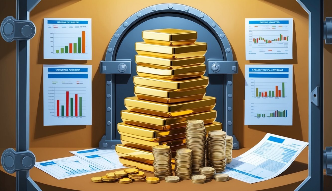 A stack of gold bars and coins arranged within a secure vault, surrounded by financial documents and investment charts