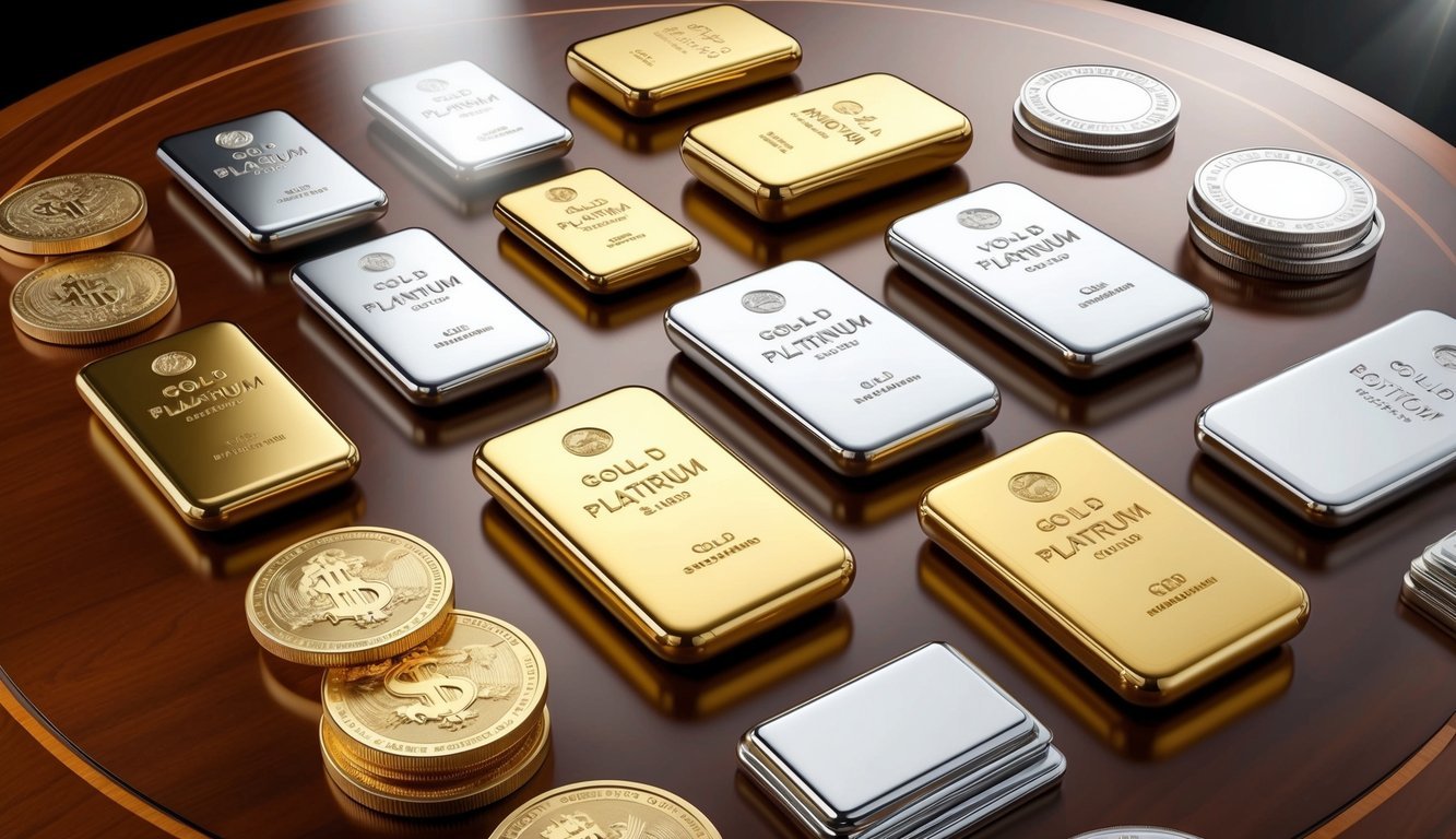 A collection of gold, silver, and platinum bars and coins arranged on a polished wooden table, with a spotlight highlighting their lustrous surfaces