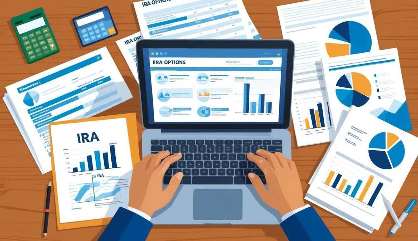 A person using a laptop to research and compare different IRA options. They are surrounded by financial documents and charts