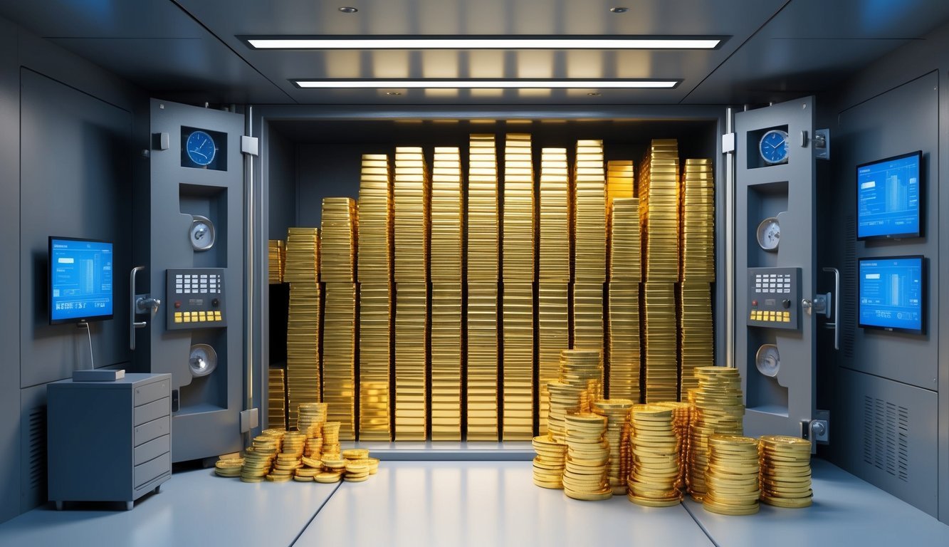 A secure vault filled with stacks of gleaming gold bars and coins, surrounded by advanced security measures and monitoring systems