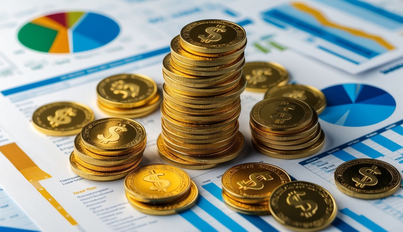 A stack of gold coins surrounded by various financial documents and charts