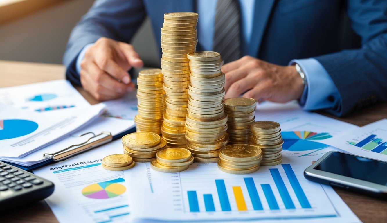 A stack of gold coins and bars sits on a table, surrounded by financial documents and charts. A person is discussing buyback programs and liquidity considerations with a financial advisor