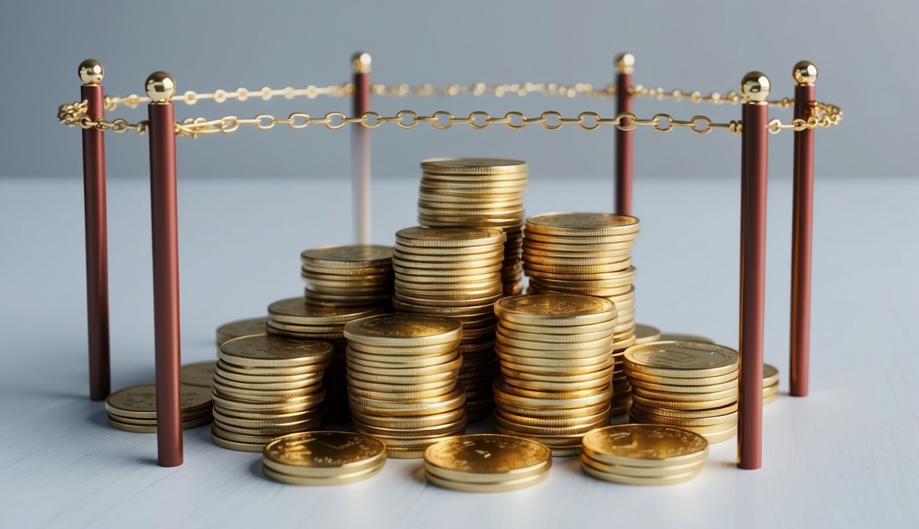 A stack of gold coins with a barrier around it, symbolizing contribution limits and transaction fees for a gold IRA