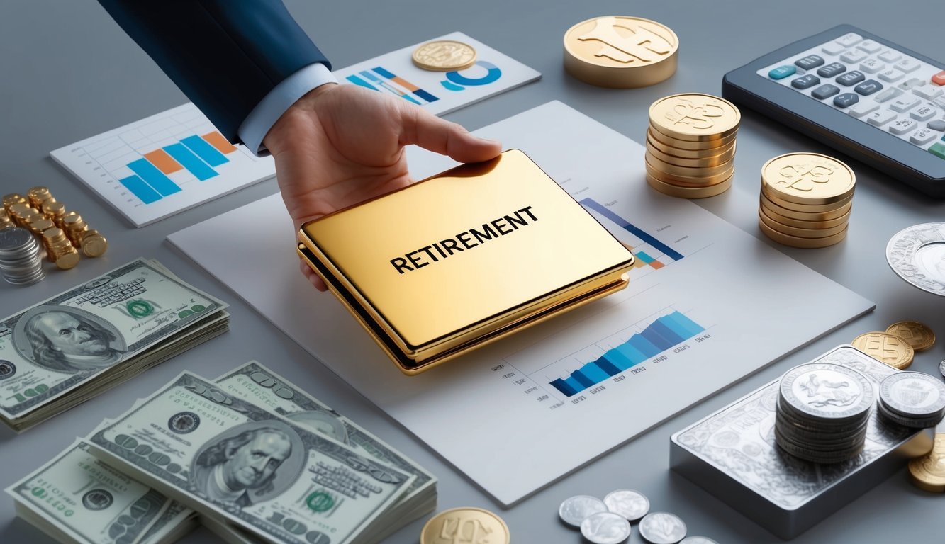 A hand holding a golden retirement portfolio surrounded by various investment assets such as stocks, bonds, real estate, and precious metals