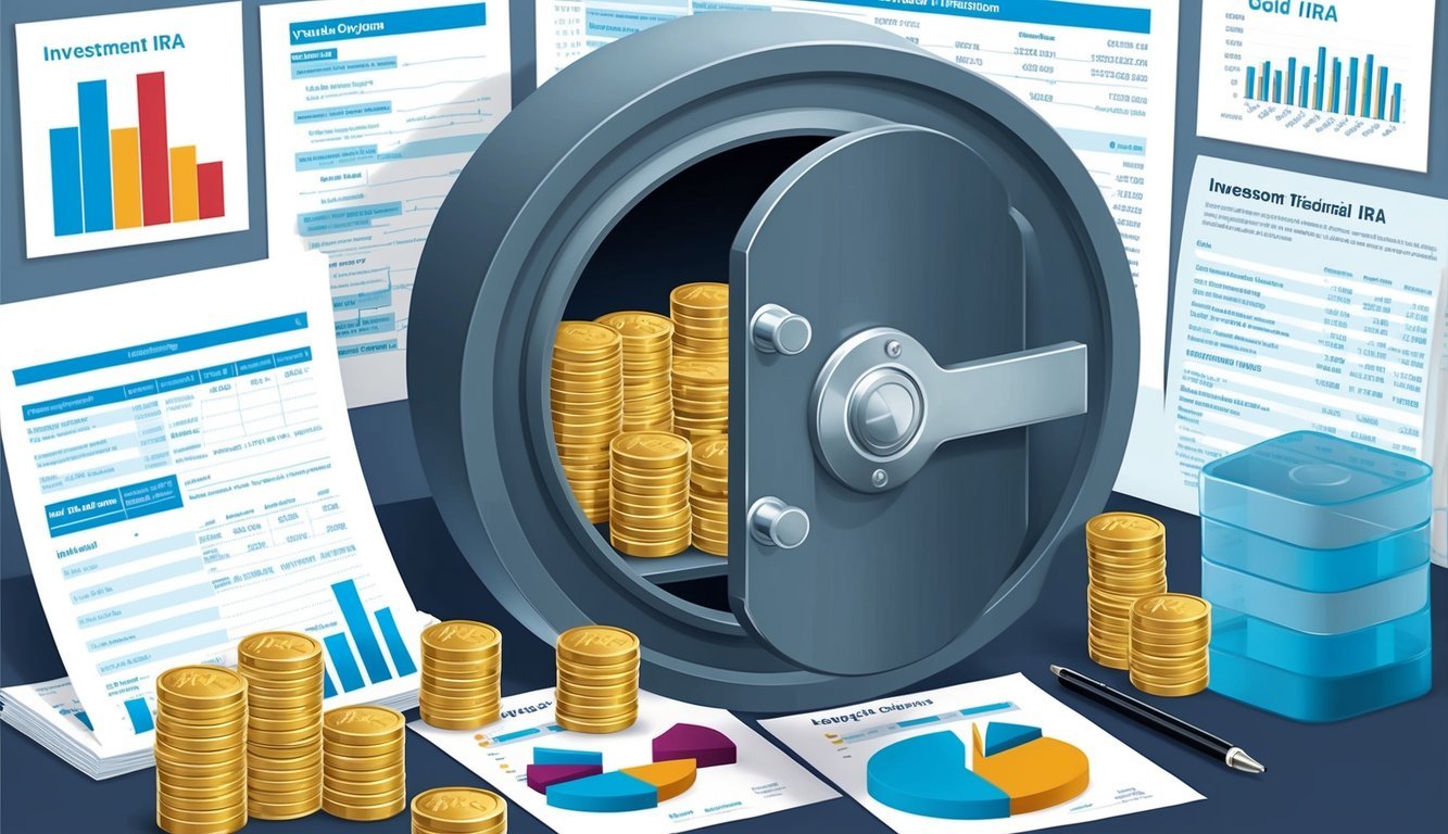 A secure vault with various investment options and restrictions, including gold IRA, surrounded by financial documents and charts