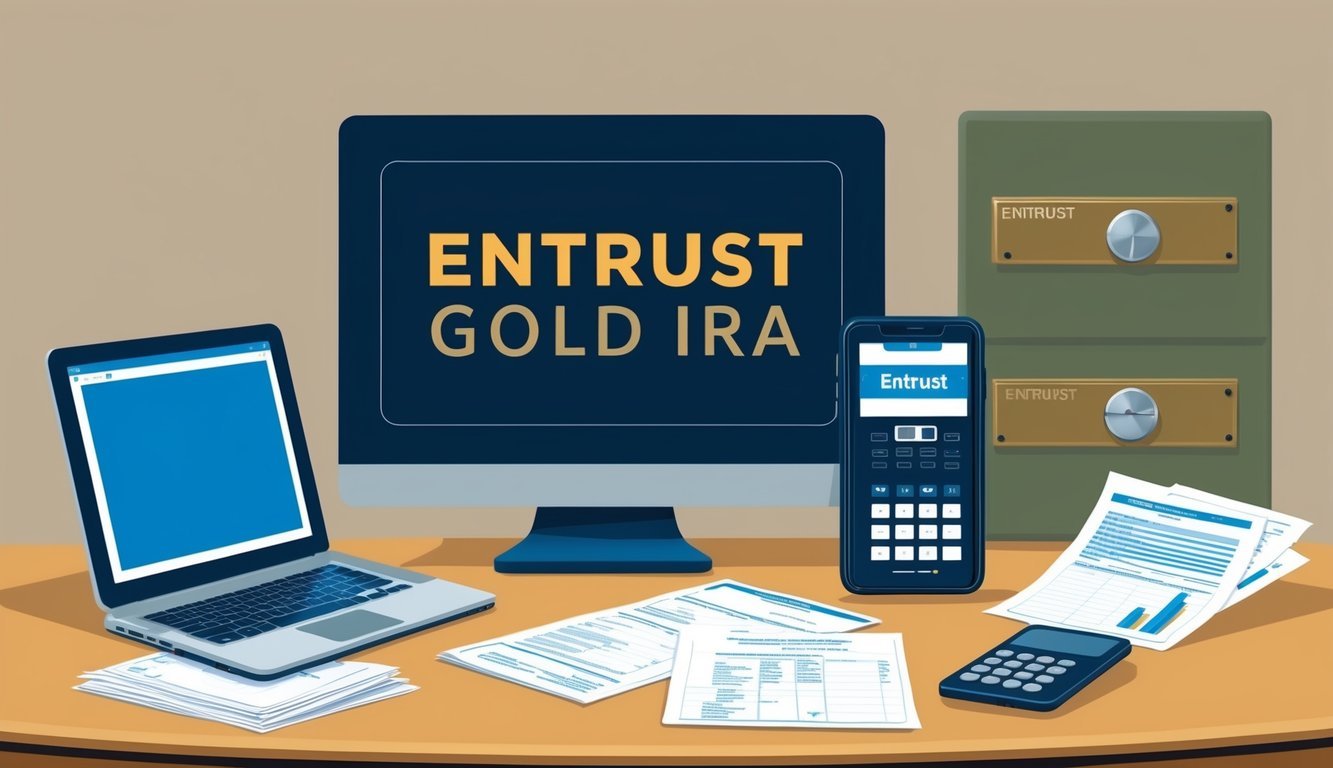 A desk with a computer, phone, and financial documents. A safe in the background with the words "Entrust Gold IRA" on the front