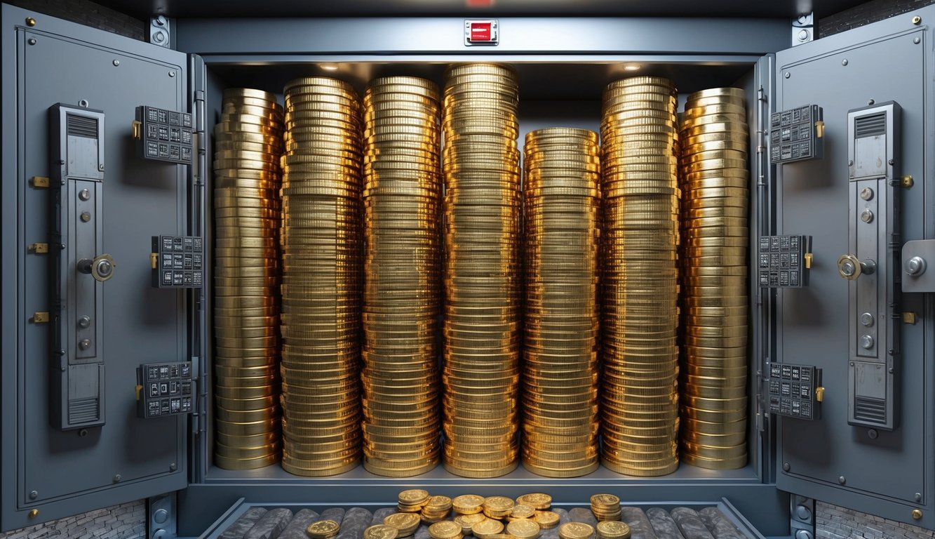 A secure vault filled with stacks of gold bars and coins, surrounded by security measures