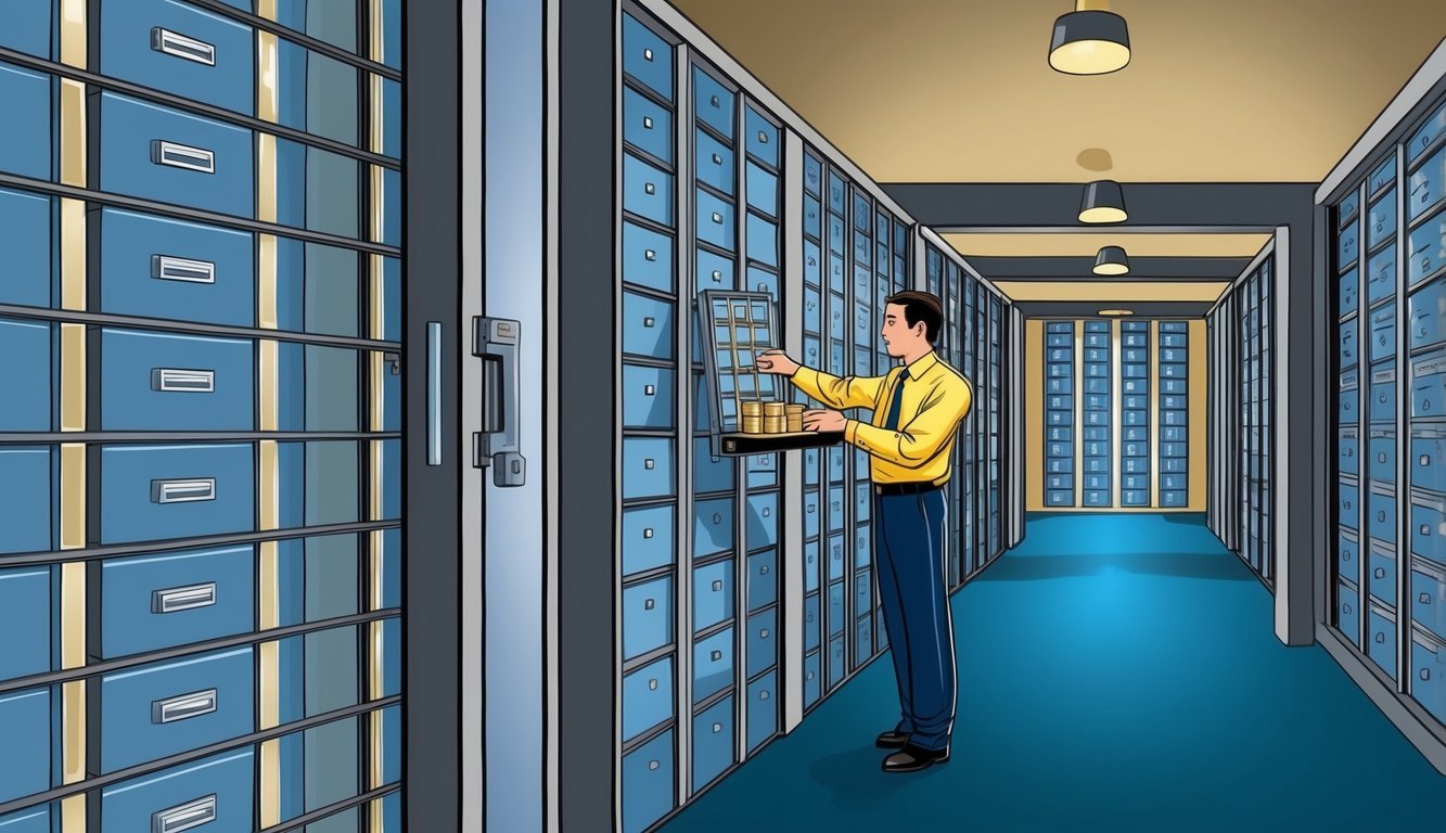 A secure vault with rows of safety deposit boxes and a custodian managing the inventory of gold bullion for an IRA