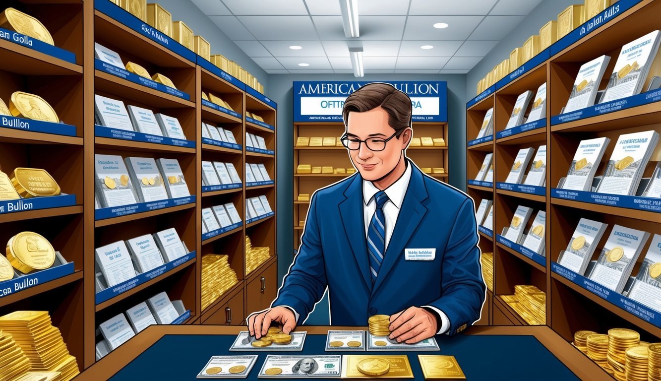 A customer examines various gold IRA options at American Bullion, surrounded by shelves of precious metals and financial literature