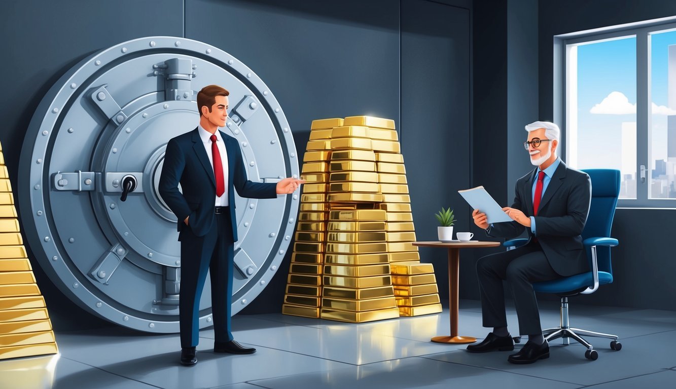 A secure vault with stacks of gold bars and a financial advisor discussing retirement options
