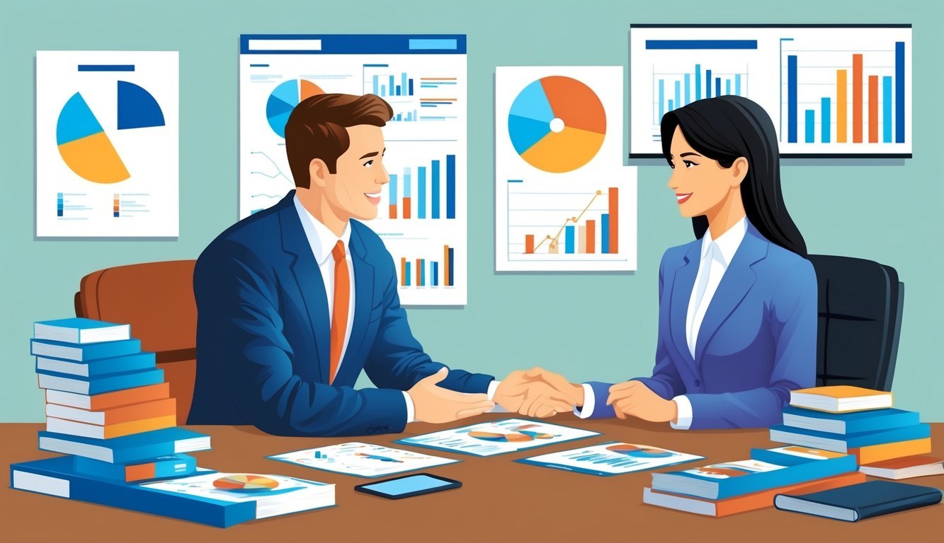 A customer and a representative discussing investment options at a desk, surrounded by charts and graphs