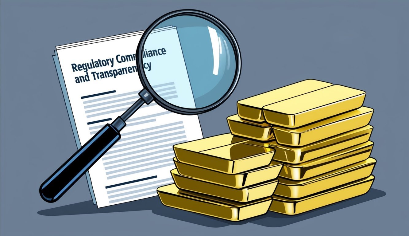 A stack of gold bars with a magnifying glass and a document labeled "Regulatory Compliance and Transparency" next to an American bullion gold IRA review