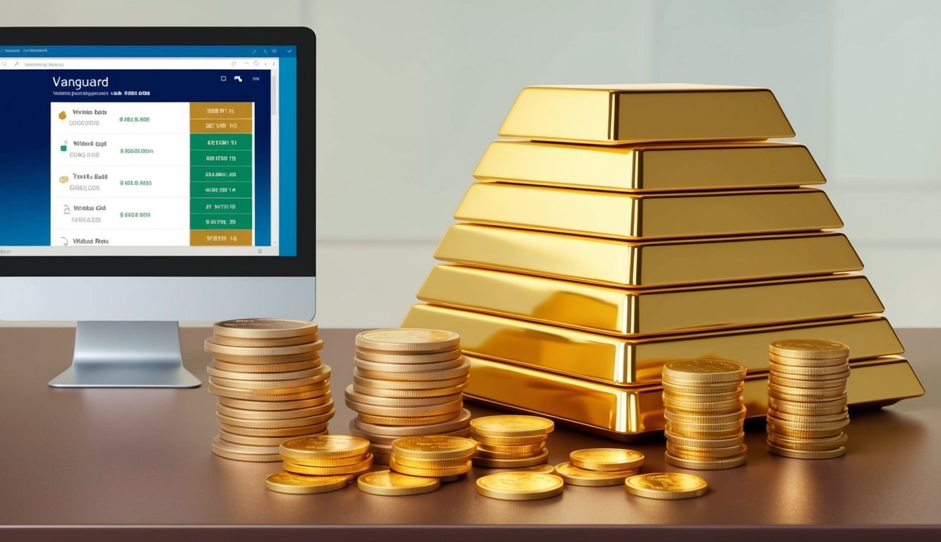 A stack of gold bars and coins arranged on a table, with a computer screen showing Vanguard's investment options for gold
