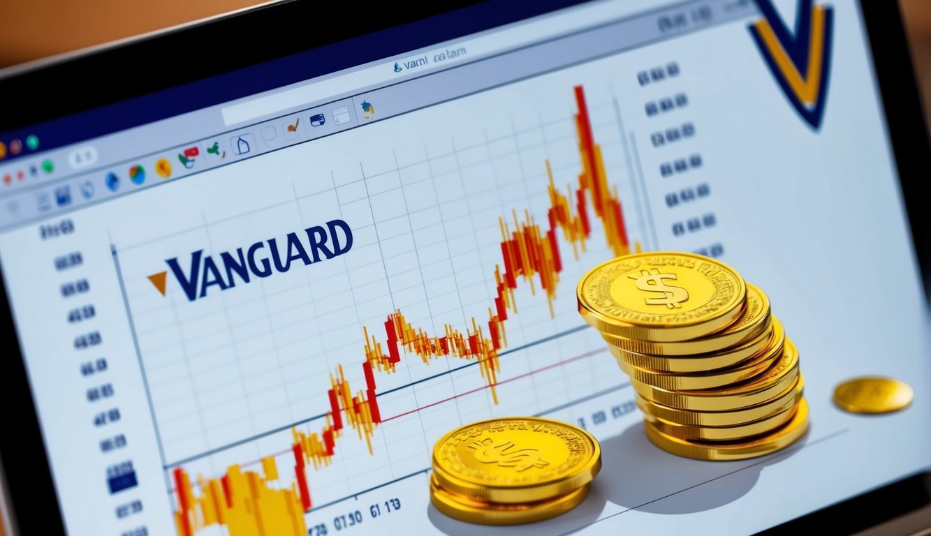 A computer screen displaying a graph of gold prices with a Vanguard logo in the corner