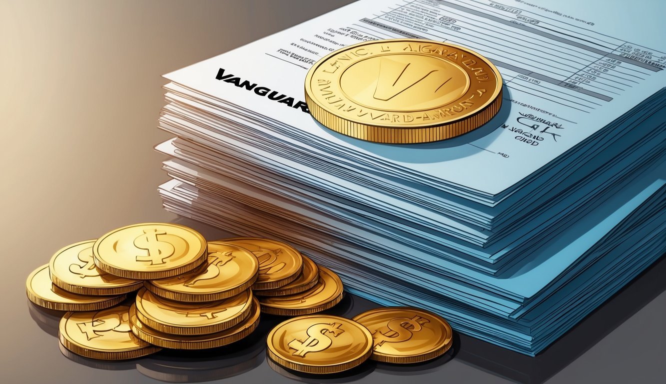 A stack of financial documents with a gold coin and Vanguard logo