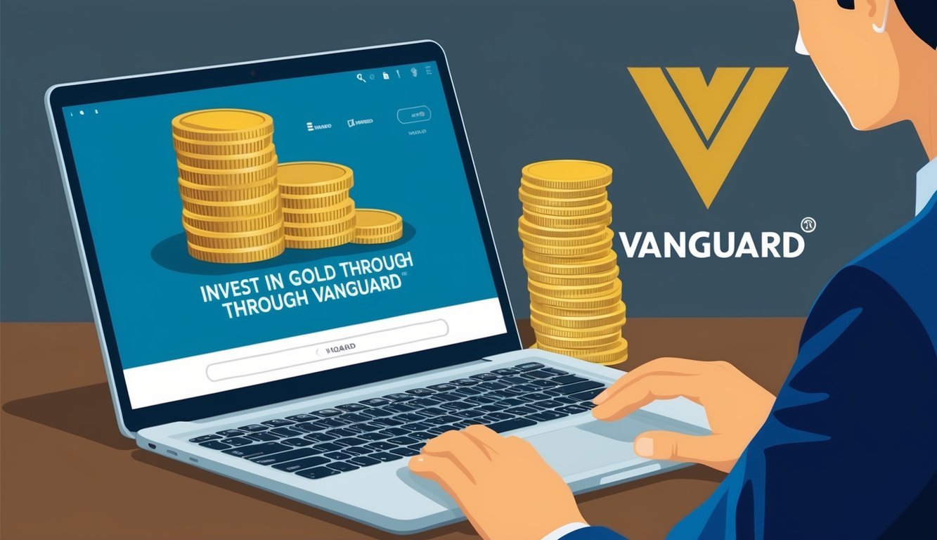 A person browsing a laptop, searching "invest in gold through Vanguard" with a stack of gold coins and a Vanguard logo in the background