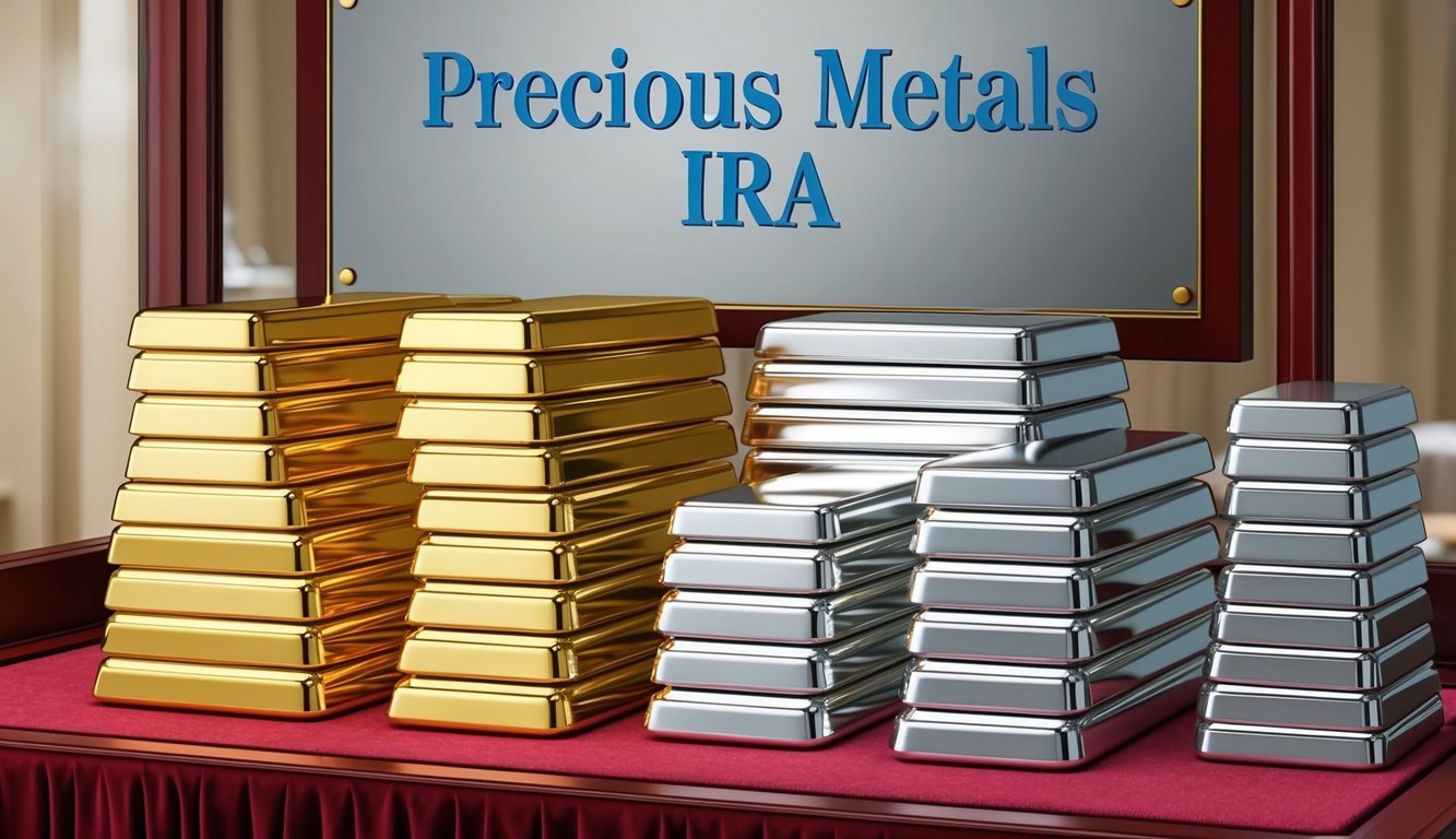 A stack of gold and silver bars arranged on a velvet-lined display case, with a sign reading "Precious Metals IRA" in the background