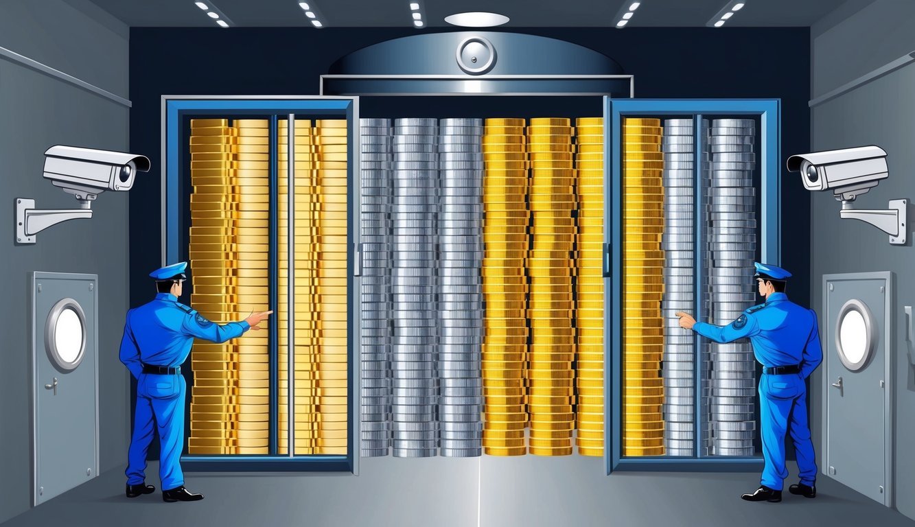 A secure vault with rows of stacked gold bars and silver coins, surrounded by security cameras and guards