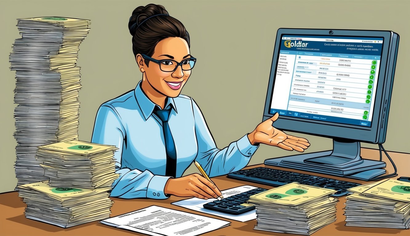 A customer service representative assists a client with their Goldstar precious metals IRA, surrounded by stacks of paperwork and a computer monitor displaying account information