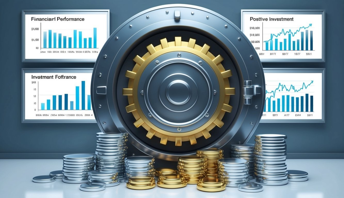A secure vault with bars of gold and silver, surrounded by financial charts and graphs showing positive investment performance