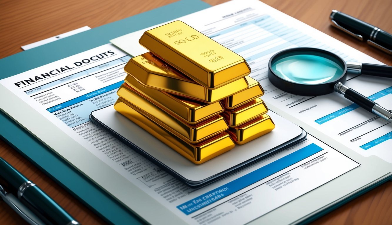 A stack of gold bars and financial documents on a desk, with a magnifying glass and a pen nearby
