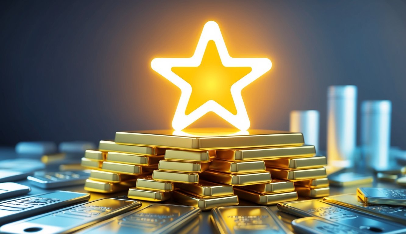 A glowing gold star hovers above a stack of precious metal bars, surrounded by various investment options