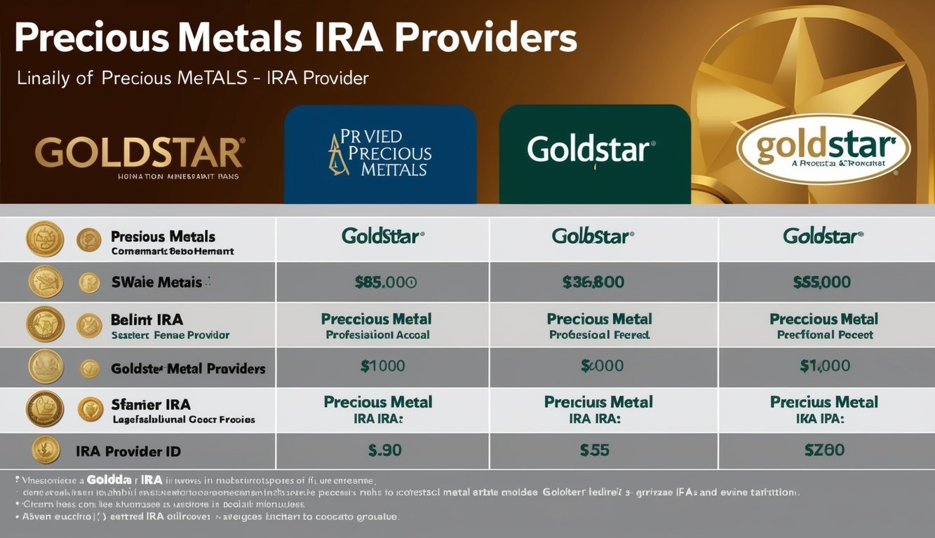 A table with various precious metals IRA providers' logos and information, with Goldstar's standing out as the top choice