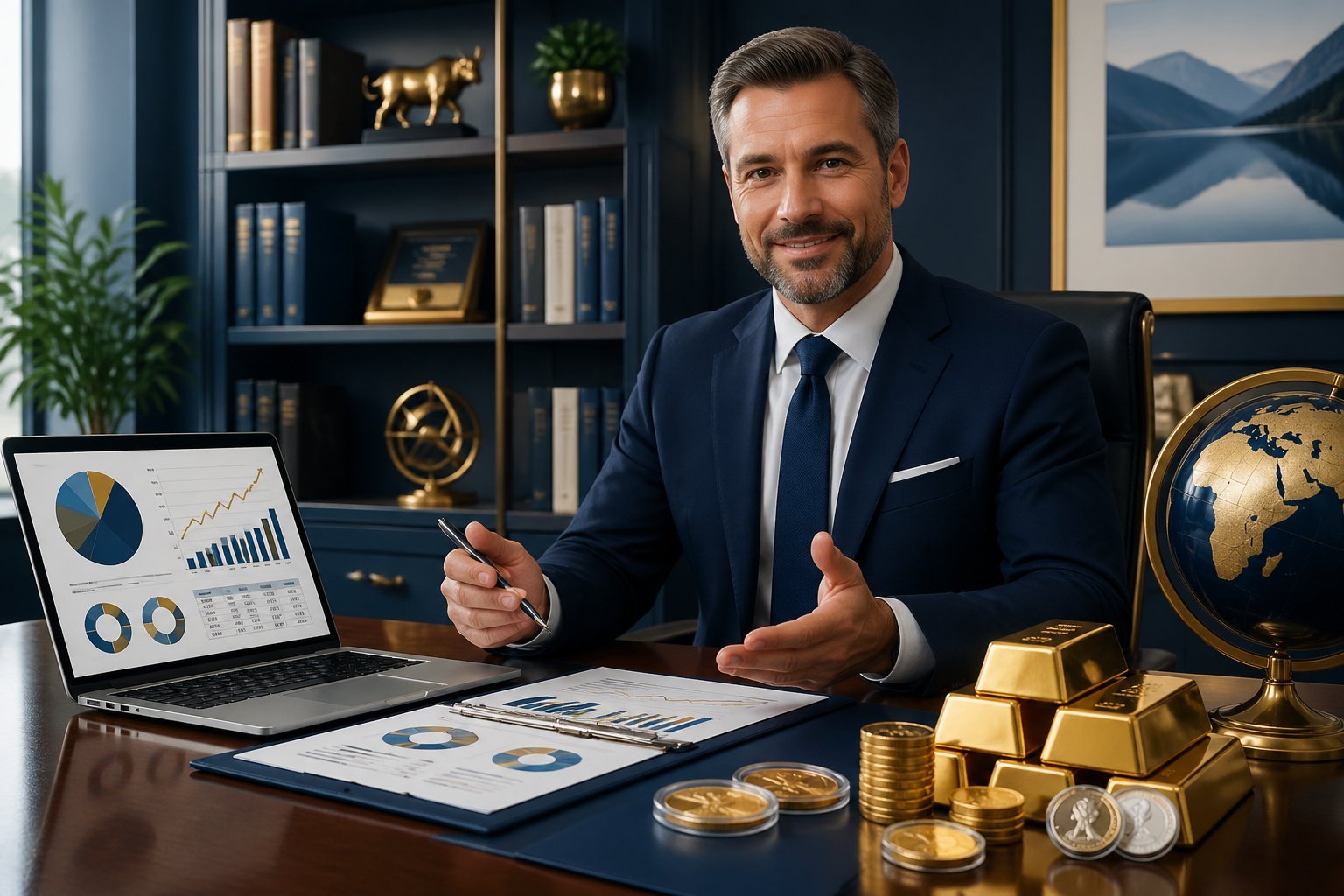 A financial advisor at a desk with a laptop and gold bars, representing IRA withdrawals with Rosland Capital in an office setting.