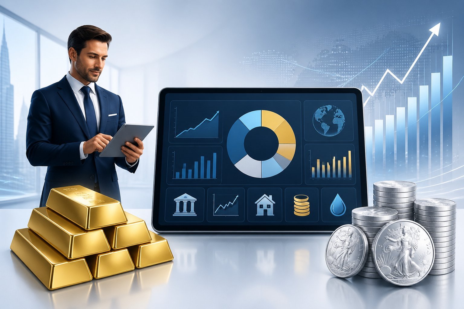 A digital financial dashboard showing gold bars and silver coins alongside graphs, with a businessperson analyzing investment data.
