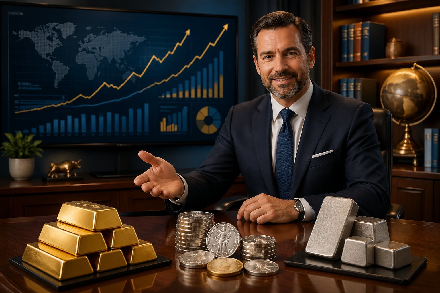 A financial advisor in an office presenting gold bars and silver coins on a desk with financial charts displayed on a screen behind them.
