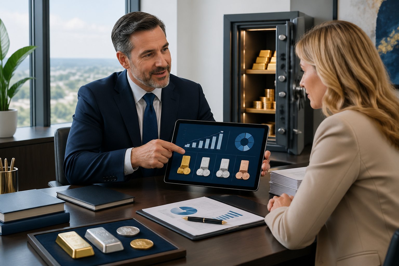 A financial advisor and client discussing precious metals and IRA distribution options in a modern office with charts and metal bars on a tablet.