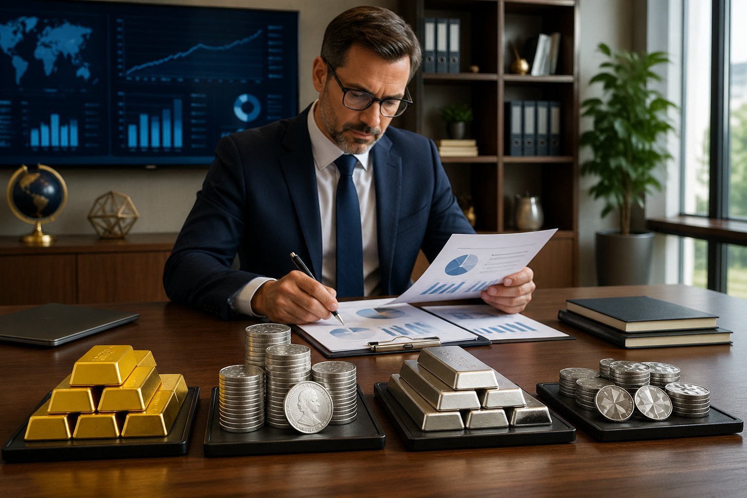 A financial advisor at a desk with gold bars, silver coins, platinum ingots, and palladium pieces, reviewing investment documents in a professional office setting.