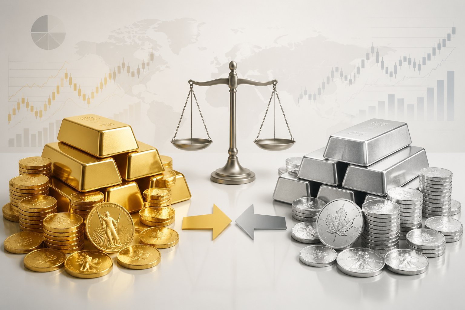 Two separate piles of gold and silver bars and coins side by side with subtle financial charts in the background representing investment comparison.