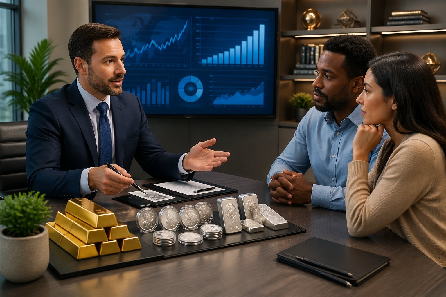 A financial advisor explains precious metals investment options to a couple in a modern office with gold bars and silver coins on the desk.