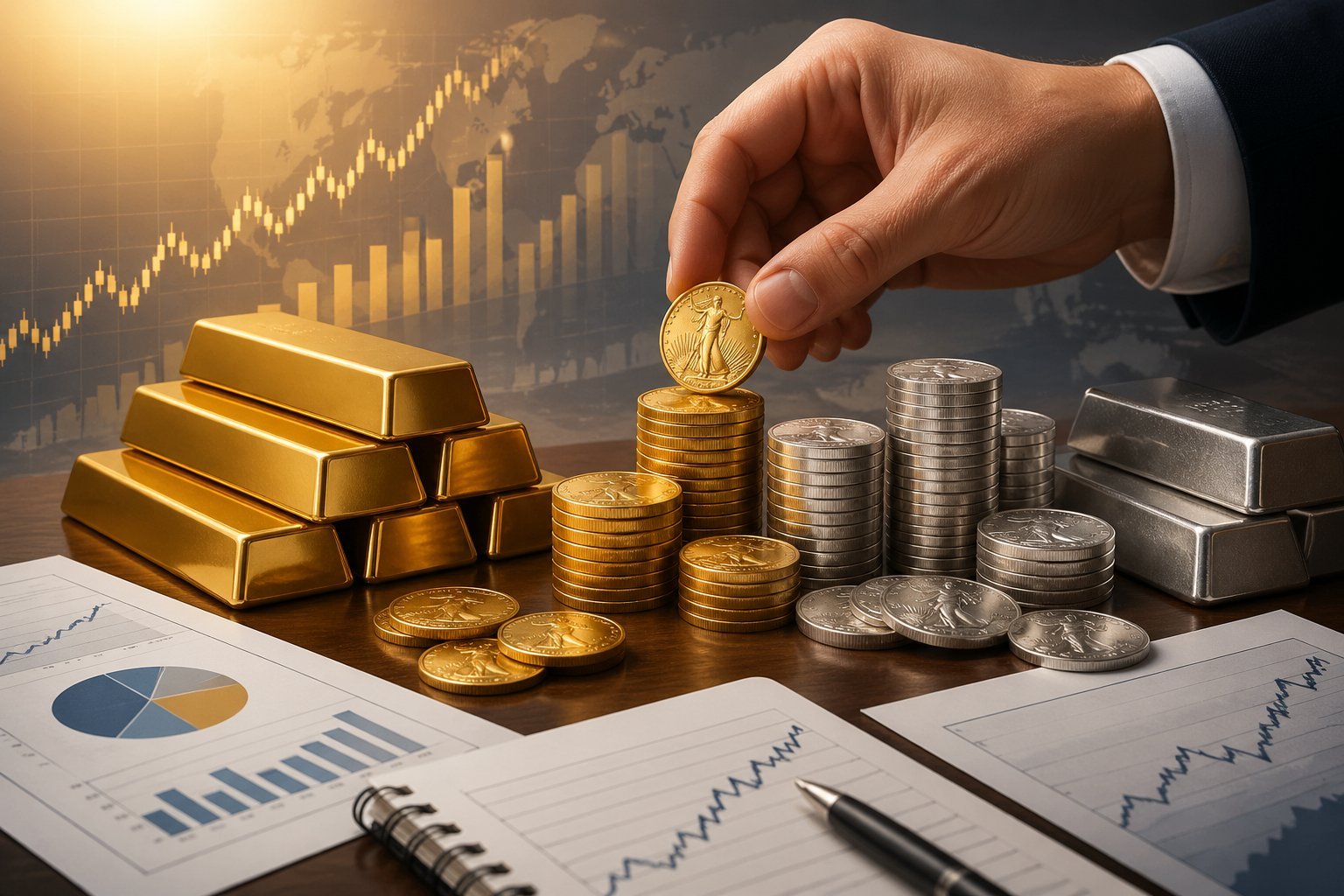 Stacks of gold bars and silver coins on a table with financial charts and a hand placing a gold coin among them.