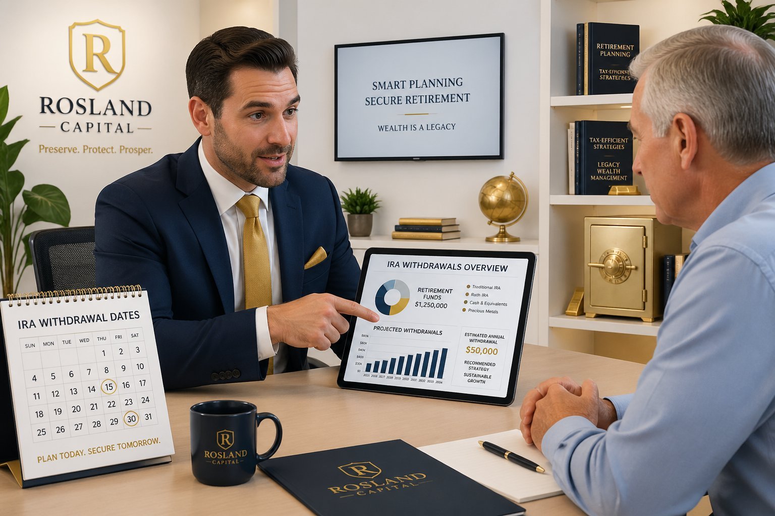 A financial advisor and client discussing retirement fund withdrawals at a desk with charts and a tablet in a modern office.
